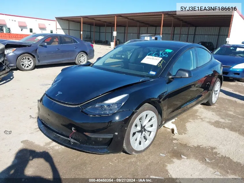 2022 Tesla Model 3 VIN: 5YJ3E1EA3NF186616 Lot: 40450354