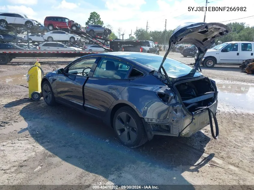 2022 Tesla Model 3 Long Range Dual Motor All-Wheel Drive VIN: 5YJ3E1EB0NF266982 Lot: 40470202