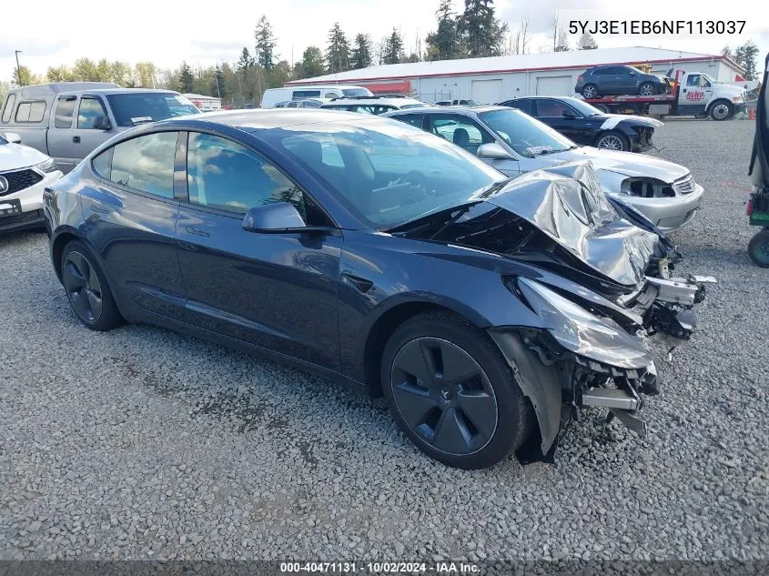 2022 Tesla Model 3 Long Range Dual Motor All-Wheel Drive VIN: 5YJ3E1EB6NF113037 Lot: 40471131