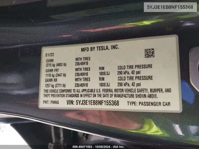 2022 Tesla Model 3 Long Range Dual Motor All-Wheel Drive VIN: 5YJ3E1EB8NF155368 Lot: 40471583