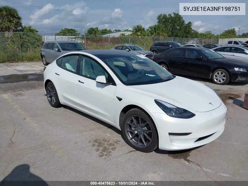 5YJ3E1EA3NF198751 2022 Tesla Model 3