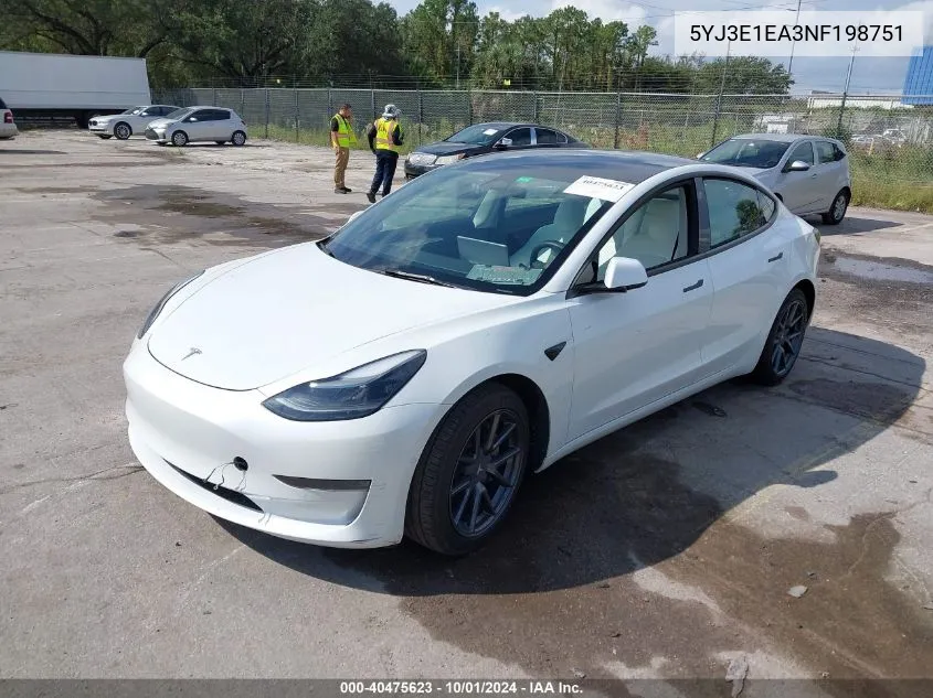 2022 Tesla Model 3 VIN: 5YJ3E1EA3NF198751 Lot: 40475623