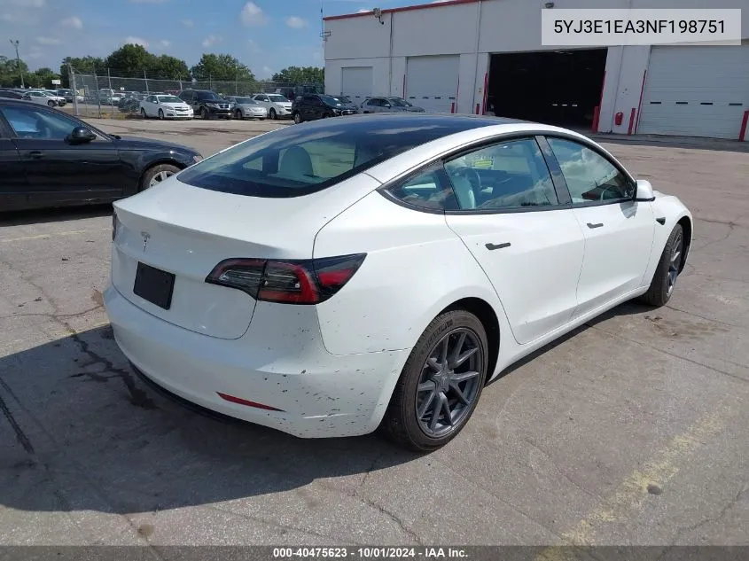 2022 Tesla Model 3 VIN: 5YJ3E1EA3NF198751 Lot: 40475623