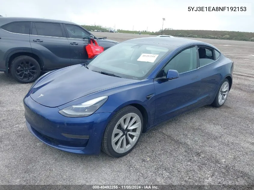 2022 Tesla Model 3 Rear-Wheel Drive VIN: 5YJ3E1EA8NF192153 Lot: 40492255