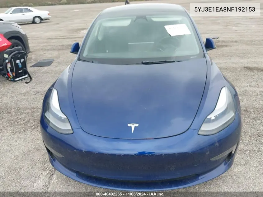 2022 Tesla Model 3 Rear-Wheel Drive VIN: 5YJ3E1EA8NF192153 Lot: 40492255