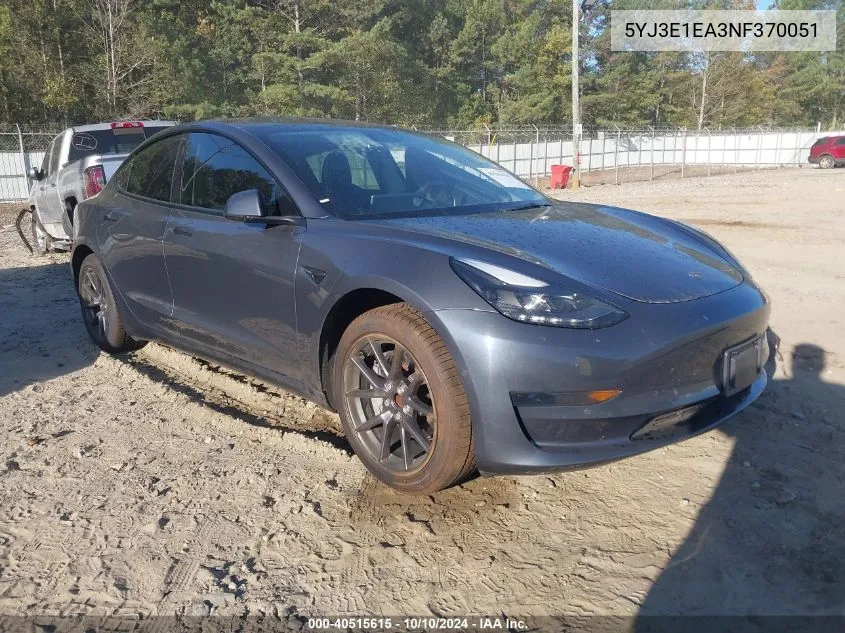 2022 Tesla Model 3 Rear-Wheel Drive VIN: 5YJ3E1EA3NF370051 Lot: 40515615