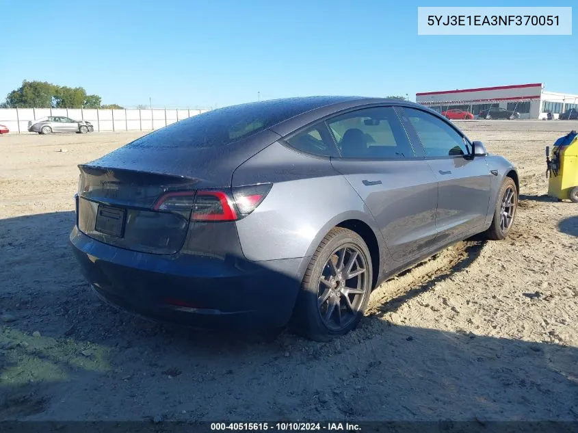 2022 Tesla Model 3 Rear-Wheel Drive VIN: 5YJ3E1EA3NF370051 Lot: 40515615