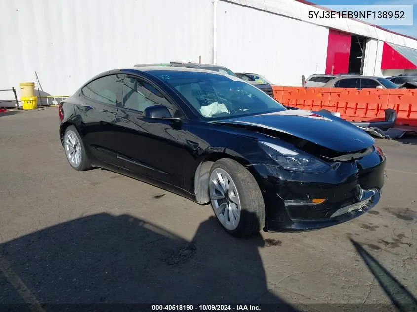 2022 Tesla Model 3 Long Range Dual Motor All-Wheel Drive VIN: 5YJ3E1EB9NF138952 Lot: 40518190