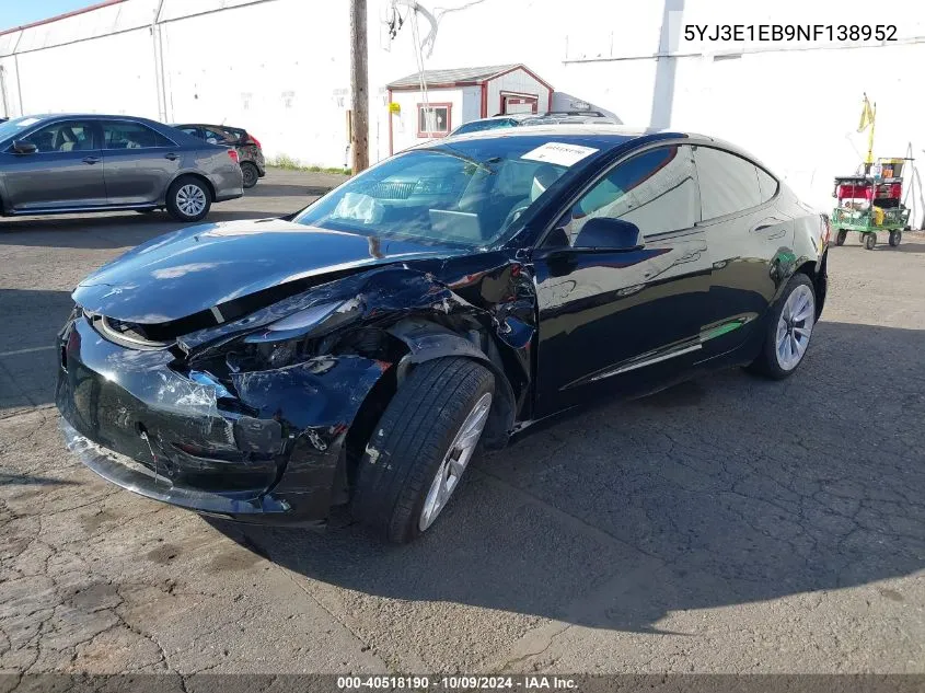 2022 Tesla Model 3 Long Range Dual Motor All-Wheel Drive VIN: 5YJ3E1EB9NF138952 Lot: 40518190