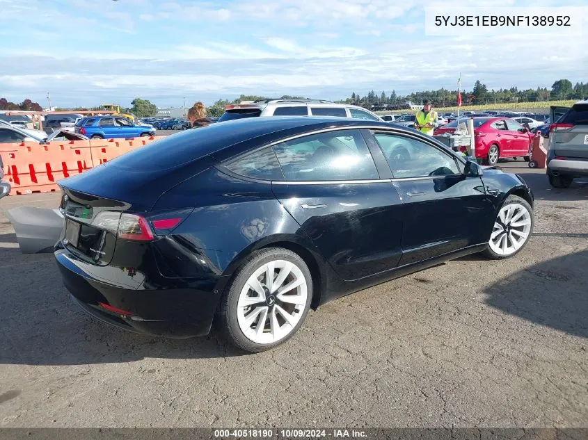 2022 Tesla Model 3 Long Range Dual Motor All-Wheel Drive VIN: 5YJ3E1EB9NF138952 Lot: 40518190