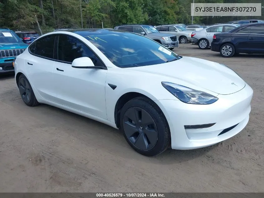 2022 Tesla Model 3 Rear-Wheel Drive VIN: 5YJ3E1EA8NF307270 Lot: 40526579