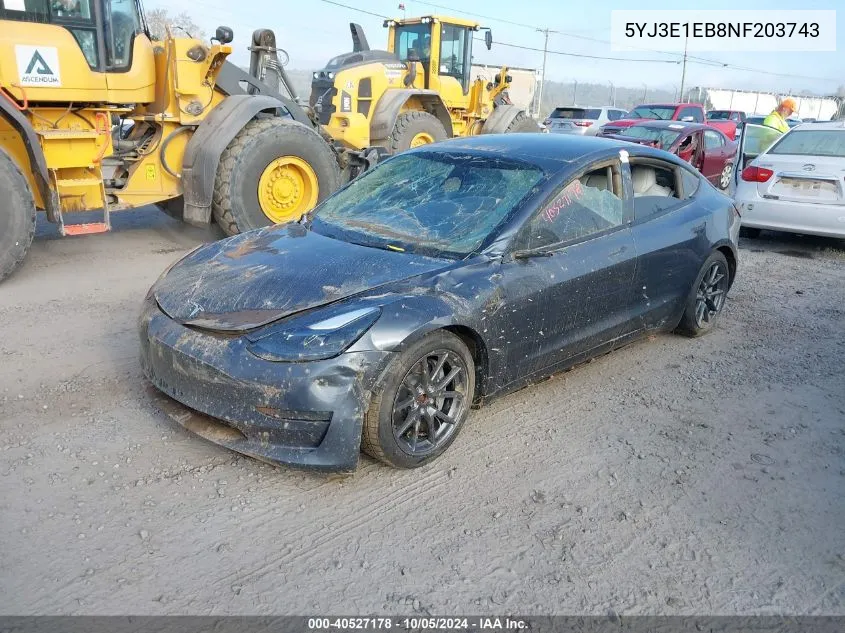 2022 Tesla Model 3 VIN: 5YJ3E1EB8NF203743 Lot: 40527178