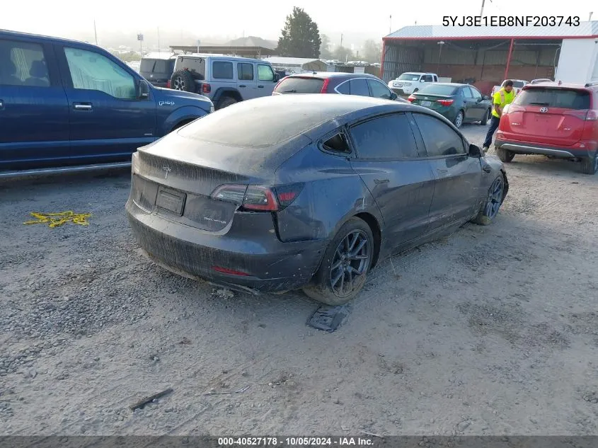 2022 Tesla Model 3 VIN: 5YJ3E1EB8NF203743 Lot: 40527178