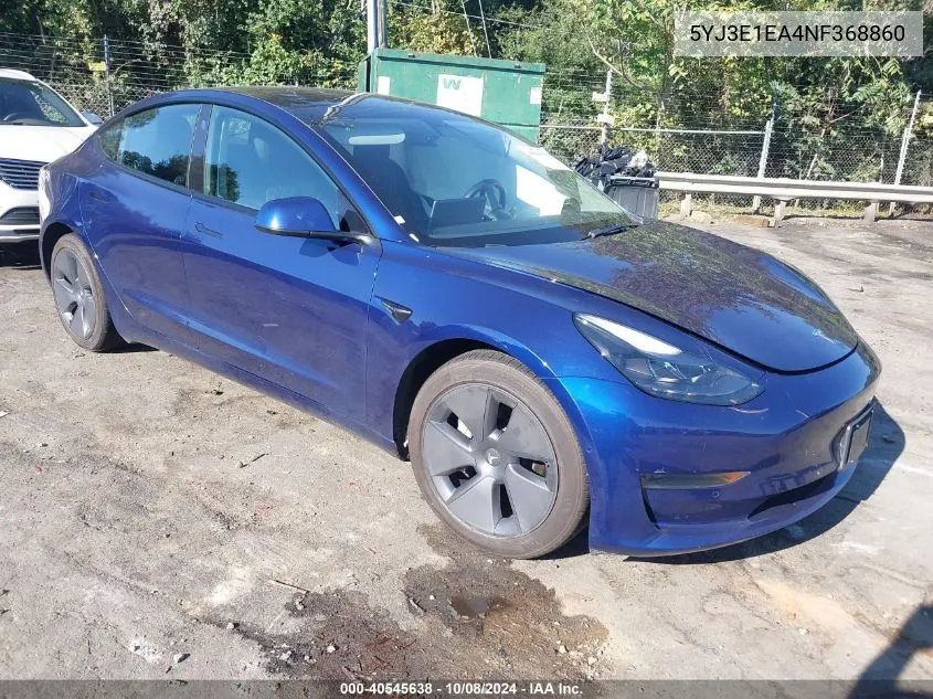 2022 Tesla Model 3 Rear-Wheel Drive VIN: 5YJ3E1EA4NF368860 Lot: 40545638