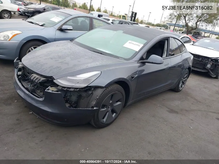 2022 Tesla Model 3 Rear-Wheel Drive VIN: 5YJ3E1EA8NF316082 Lot: 40564391