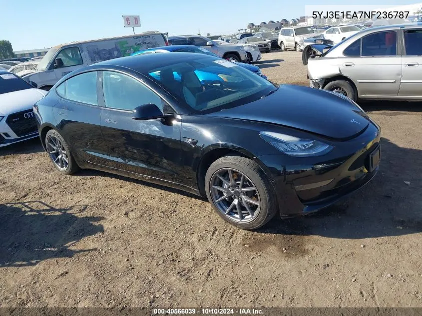 2022 Tesla Model 3 Rear-Wheel Drive VIN: 5YJ3E1EA7NF236787 Lot: 40566039