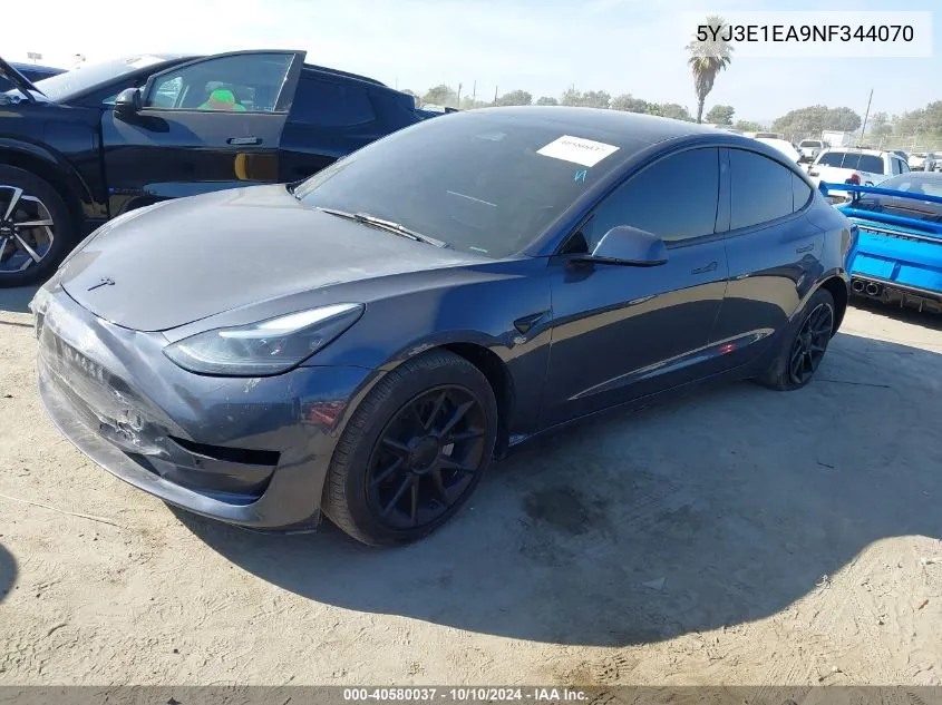 2022 Tesla Model 3 Rear-Wheel Drive VIN: 5YJ3E1EA9NF344070 Lot: 40580037