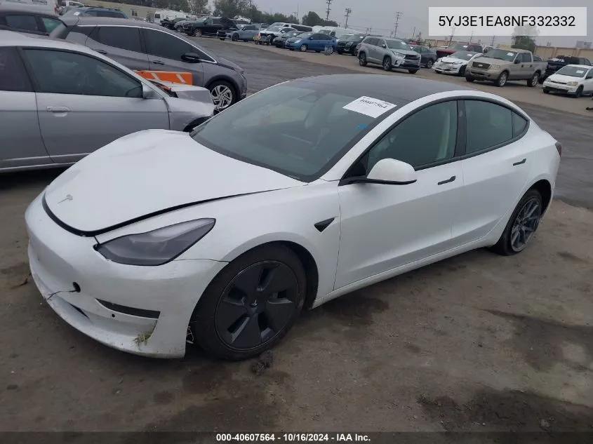 2022 Tesla Model 3 Rear-Wheel Drive VIN: 5YJ3E1EA8NF332332 Lot: 40607564