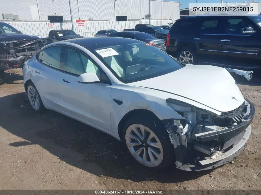 2022 Tesla Model 3 Long Range Dual Motor All-Wheel Drive VIN: 5YJ3E1EB2NF259015 Lot: 40624167