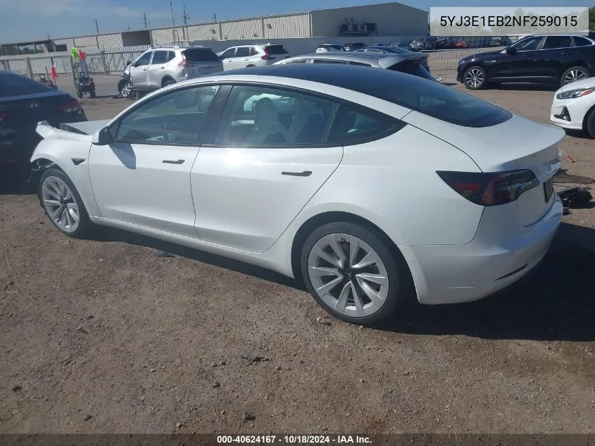 2022 Tesla Model 3 Long Range Dual Motor All-Wheel Drive VIN: 5YJ3E1EB2NF259015 Lot: 40624167