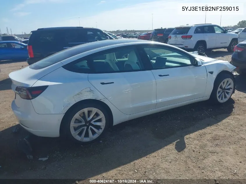 2022 Tesla Model 3 Long Range Dual Motor All-Wheel Drive VIN: 5YJ3E1EB2NF259015 Lot: 40624167