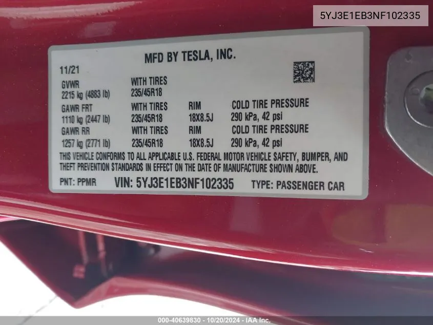 2022 Tesla Model 3 Long Range Dual Motor All-Wheel Drive VIN: 5YJ3E1EB3NF102335 Lot: 40639830