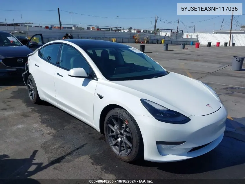 2022 Tesla Model 3 Rear-Wheel Drive VIN: 5YJ3E1EA3NF117036 Lot: 40648205