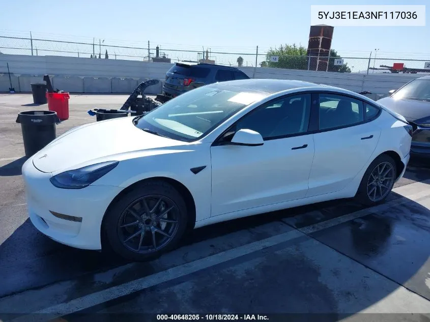 2022 Tesla Model 3 Rear-Wheel Drive VIN: 5YJ3E1EA3NF117036 Lot: 40648205