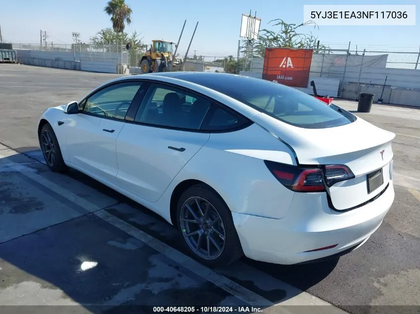 2022 Tesla Model 3 Rear-Wheel Drive VIN: 5YJ3E1EA3NF117036 Lot: 40648205