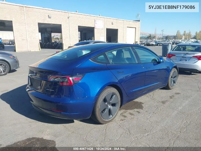 2022 Tesla Model 3 Long Range Dual Motor All-Wheel Drive VIN: 5YJ3E1EB8NF179086 Lot: 40671426