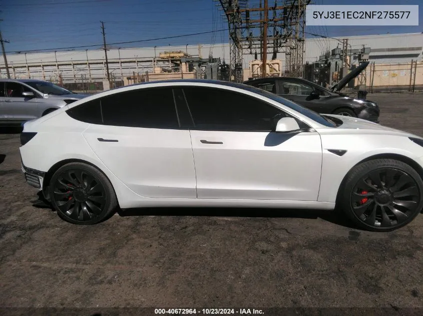 2022 Tesla Model 3 Performance Dual Motor All-Wheel Drive VIN: 5YJ3E1EC2NF275577 Lot: 40672964