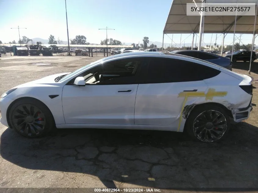 2022 Tesla Model 3 Performance Dual Motor All-Wheel Drive VIN: 5YJ3E1EC2NF275577 Lot: 40672964