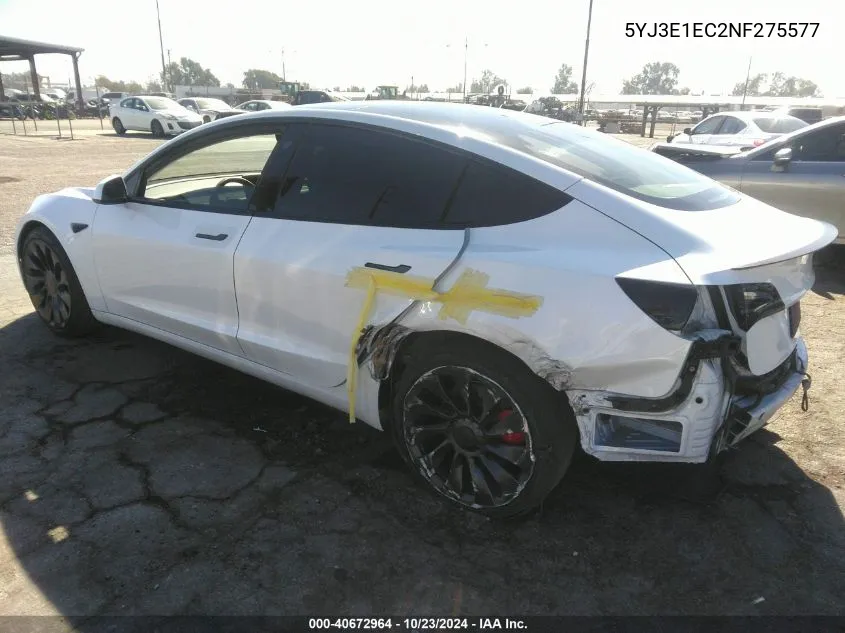 2022 Tesla Model 3 Performance Dual Motor All-Wheel Drive VIN: 5YJ3E1EC2NF275577 Lot: 40672964