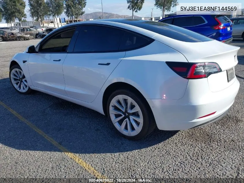 2022 Tesla Model 3 Rear-Wheel Drive VIN: 5YJ3E1EA8NF144569 Lot: 40679022