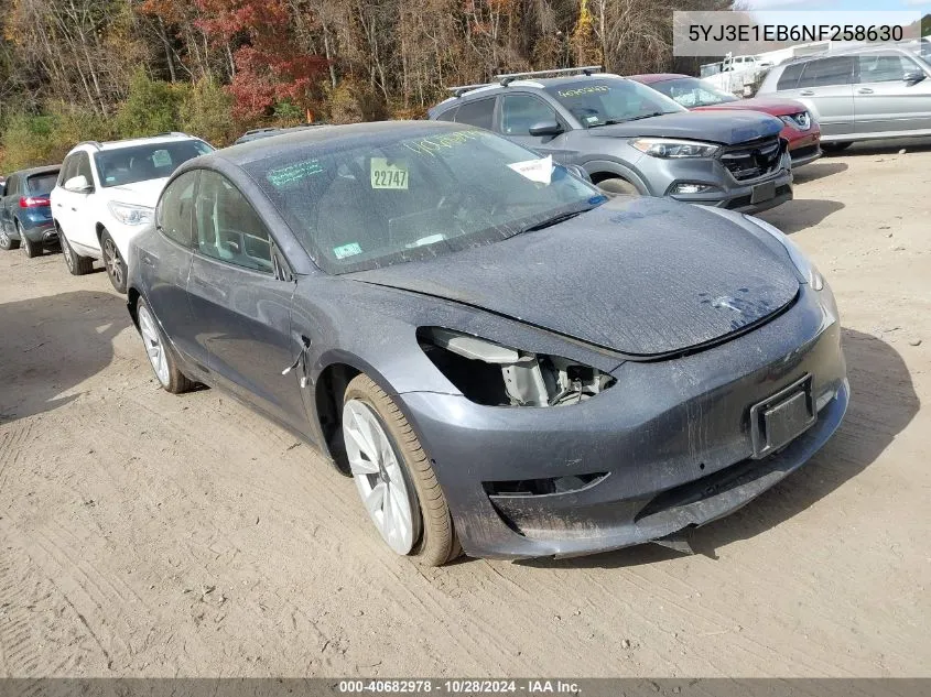 2022 Tesla Model 3 VIN: 5YJ3E1EB6NF258630 Lot: 40682978