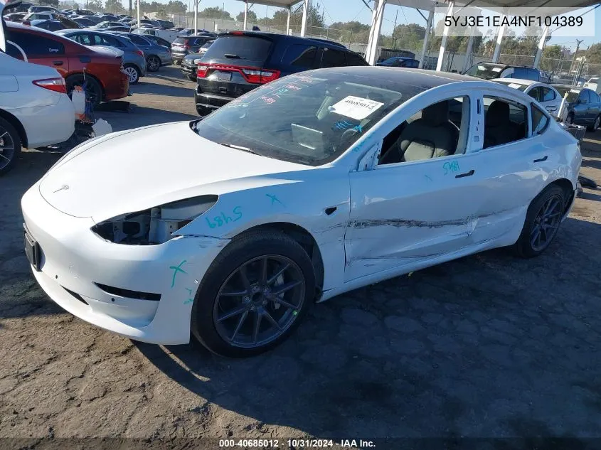 2022 Tesla Model 3 Rear-Wheel Drive VIN: 5YJ3E1EA4NF104389 Lot: 40685012