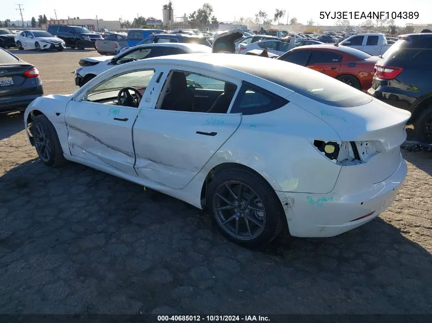 2022 Tesla Model 3 Rear-Wheel Drive VIN: 5YJ3E1EA4NF104389 Lot: 40685012