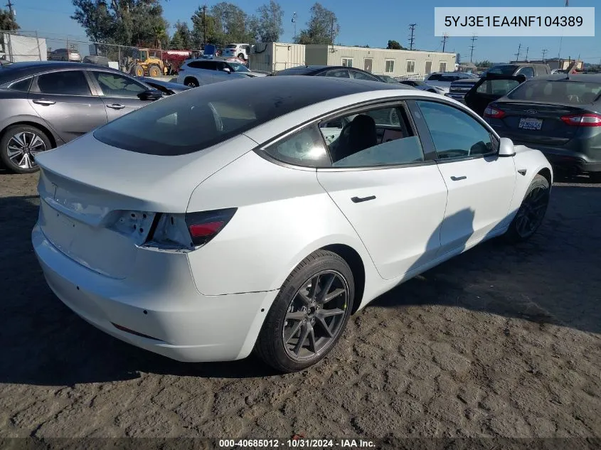 2022 Tesla Model 3 Rear-Wheel Drive VIN: 5YJ3E1EA4NF104389 Lot: 40685012