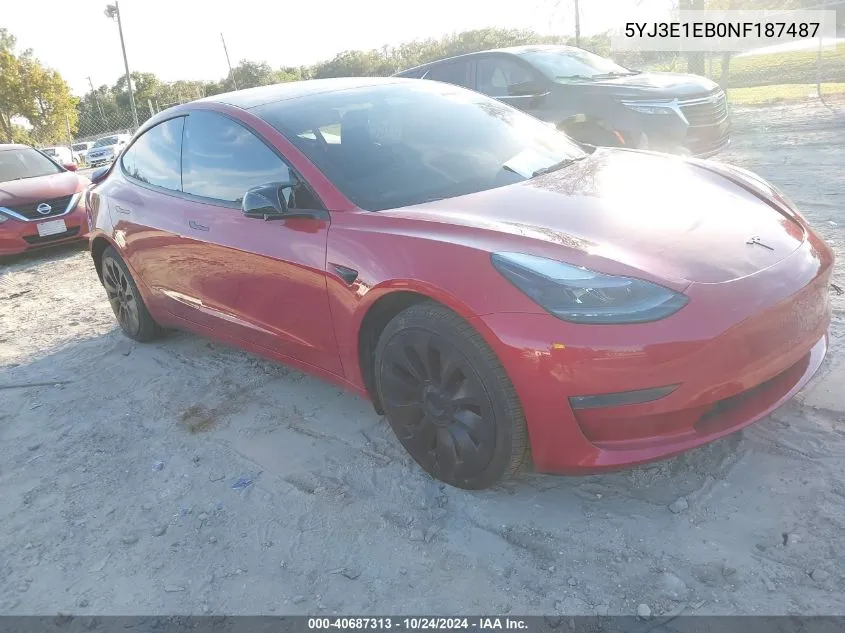 2022 Tesla Model 3 Long Range Dual Motor All-Wheel Drive VIN: 5YJ3E1EB0NF187487 Lot: 40687313