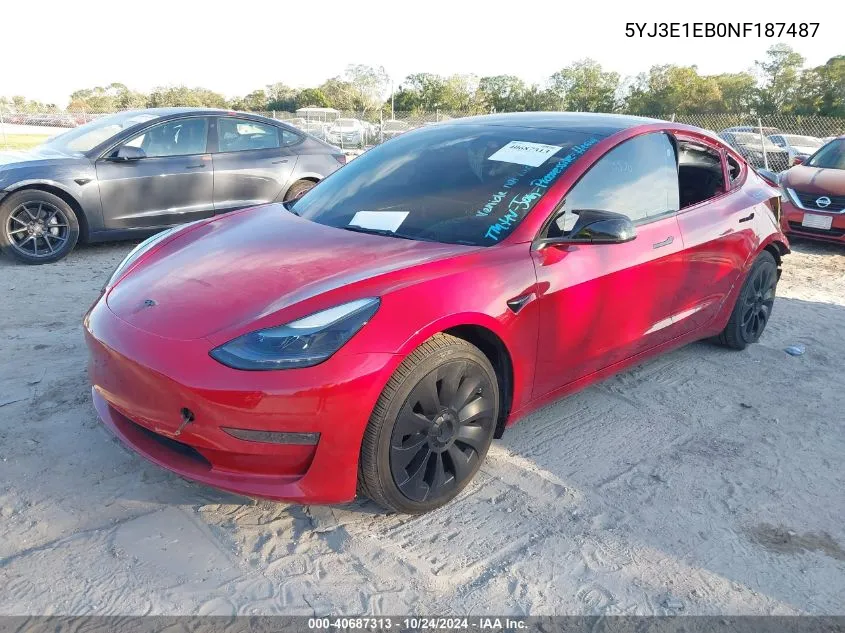 2022 Tesla Model 3 Long Range Dual Motor All-Wheel Drive VIN: 5YJ3E1EB0NF187487 Lot: 40687313