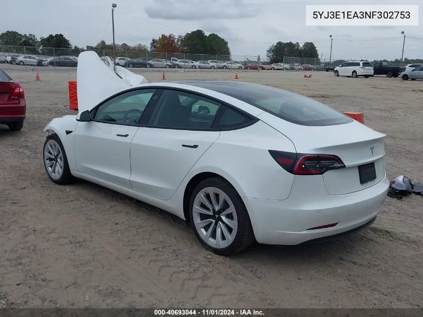 2022 Tesla Model 3 Rear-Wheel Drive VIN: 5YJ3E1EA3NF302753 Lot: 40693044