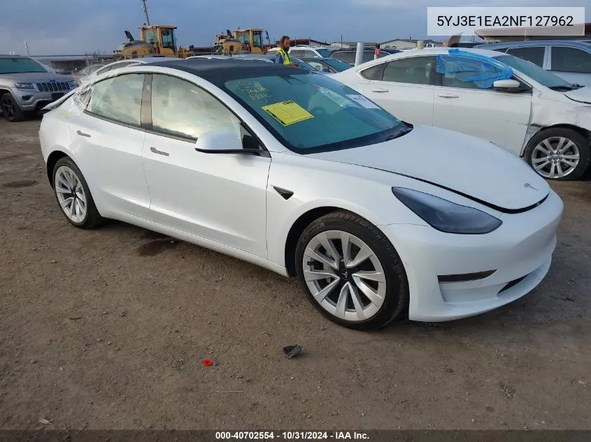 2022 Tesla Model 3 Rear-Wheel Drive VIN: 5YJ3E1EA2NF127962 Lot: 40702554