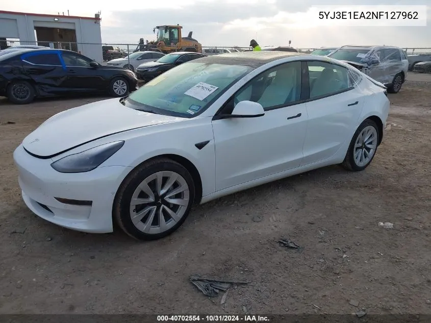 2022 Tesla Model 3 Rear-Wheel Drive VIN: 5YJ3E1EA2NF127962 Lot: 40702554