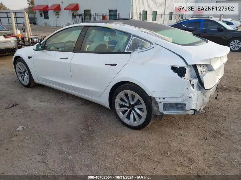 2022 Tesla Model 3 Rear-Wheel Drive VIN: 5YJ3E1EA2NF127962 Lot: 40702554