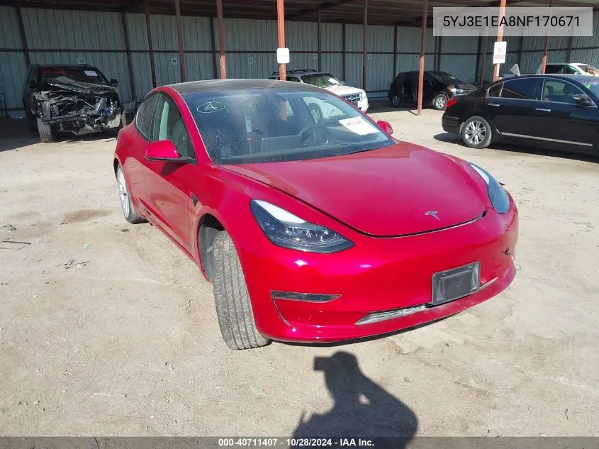 2022 Tesla Model 3 Rear-Wheel Drive VIN: 5YJ3E1EA8NF170671 Lot: 40711407