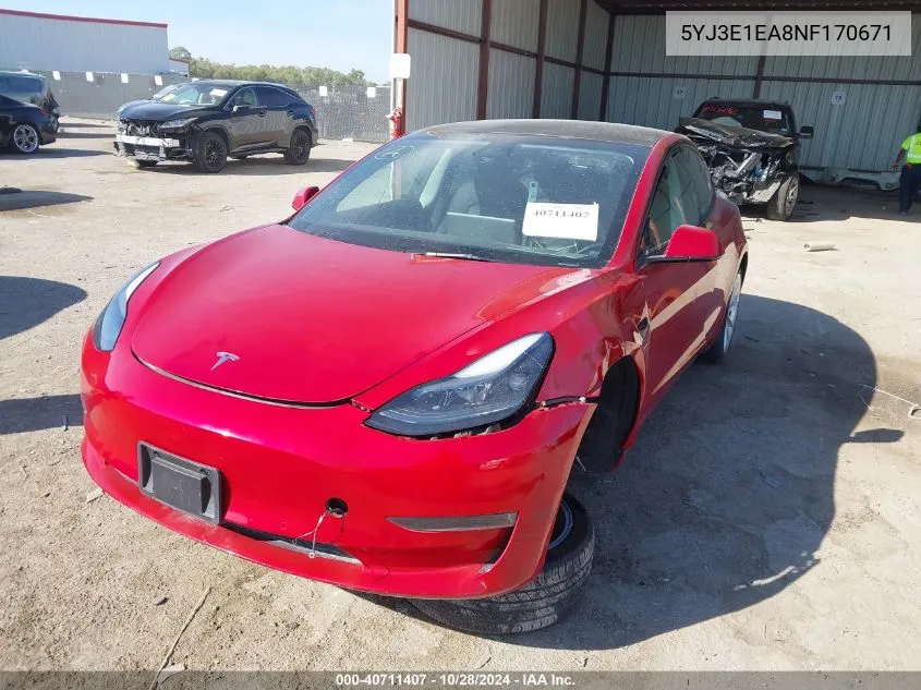 2022 Tesla Model 3 Rear-Wheel Drive VIN: 5YJ3E1EA8NF170671 Lot: 40711407