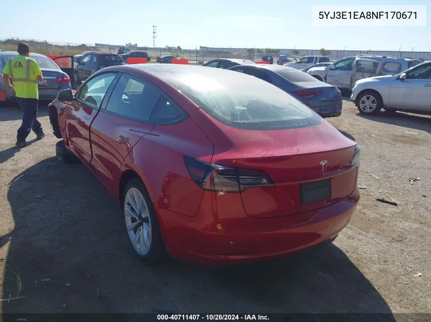 2022 Tesla Model 3 Rear-Wheel Drive VIN: 5YJ3E1EA8NF170671 Lot: 40711407