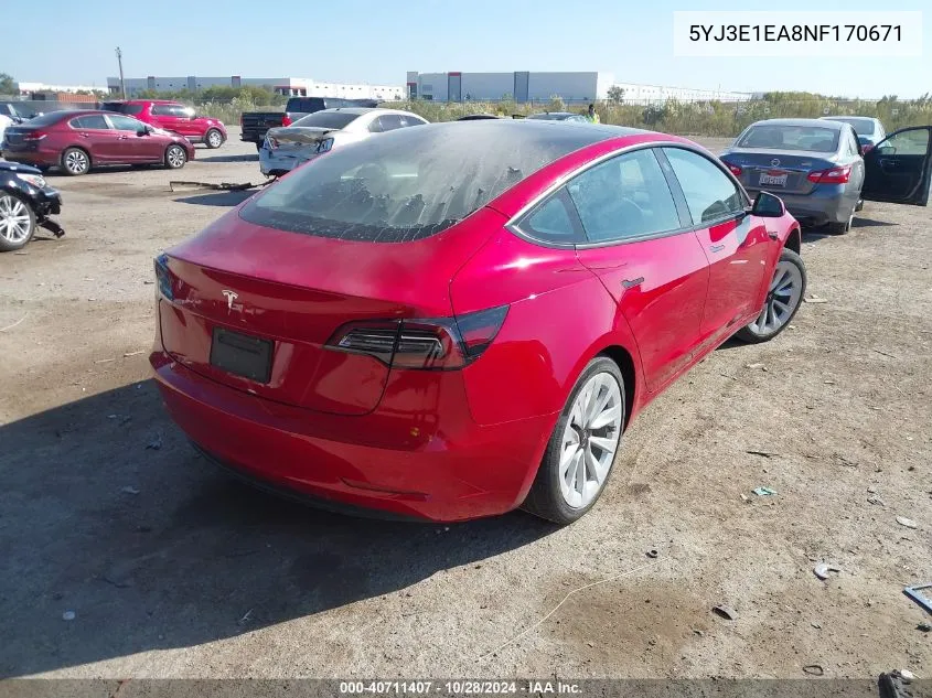 2022 Tesla Model 3 Rear-Wheel Drive VIN: 5YJ3E1EA8NF170671 Lot: 40711407