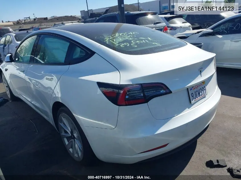 2022 Tesla Model 3 Rear-Wheel Drive VIN: 5YJ3E1EA1NF144123 Lot: 40716997