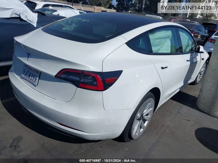 2022 Tesla Model 3 Rear-Wheel Drive VIN: 5YJ3E1EA1NF144123 Lot: 40716997